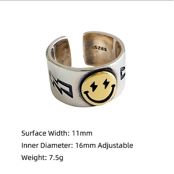 Sterling Silver Happy Face Smiley Adjustable Resizable Minimalist Ring - Picture 13 of 13